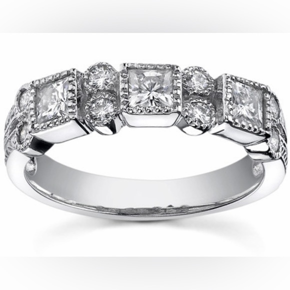 3mm Princess Moissanite Milgrain Anniversary Ring #ann183b white gold - Picture 2 of 10